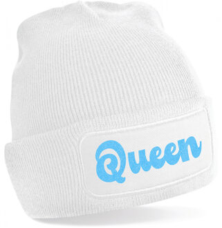 Bellatio Decorations Wintersport muts voor volwassenen - Queen - wit - blauwe glitters - one size - Apres ski beanie