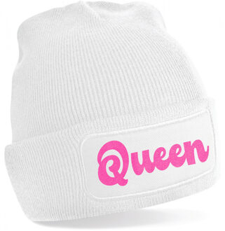 Bellatio Decorations Wintersport muts voor volwassenen - Queen - wit - roze glitters - one size - Apres ski beanie