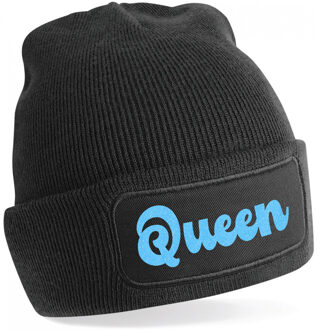 Bellatio Decorations Wintersport muts voor volwassenen - Queen - zwart - blauwe glitters - one size - Apres ski beanie