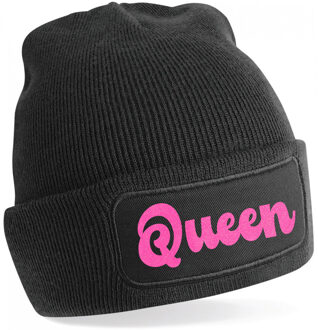 Bellatio Decorations Wintersport muts voor volwassenen - Queen - zwart - roze glitters - one size - Apres ski beanie One size