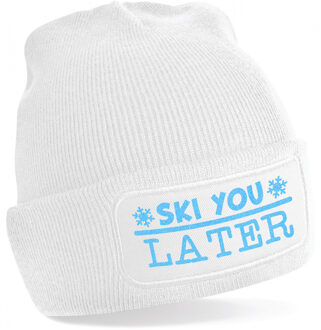 Bellatio Decorations Wintersport muts voor volwassenen - Ski You Later - wit - blauwe glitter - one size - Apres ski