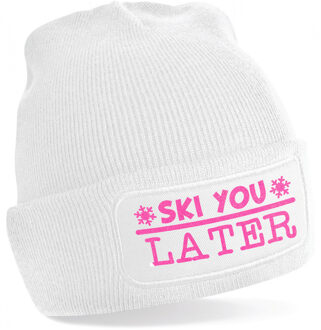Bellatio Decorations Wintersport muts voor volwassenen - Ski You Later - wit - roze glitter - one size - Apres ski beanie