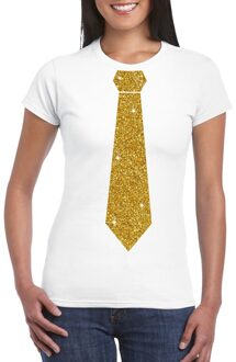 Bellatio Decorations Wit fun t-shirt met stropdas in glitter goud dames 2XL