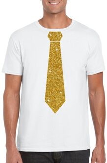 Bellatio Decorations Wit fun t-shirt met stropdas in glitter goud heren 2XL