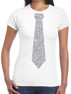 Bellatio Decorations Wit fun t-shirt met stropdas in glitter zilver dames L