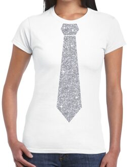 Bellatio Decorations Wit fun t-shirt met stropdas in glitter zilver dames