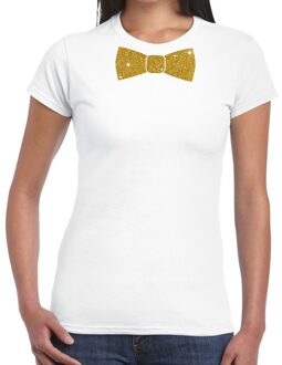 Bellatio Decorations Wit fun t-shirt met vlinderdas in glitter goud dames L