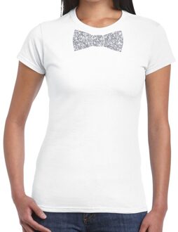 Bellatio Decorations Wit fun t-shirt met vlinderdas in glitter zilver dames L