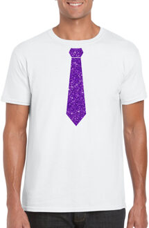 Bellatio Decorations Wit fun t-shirt stropdas met paarse glitters heren