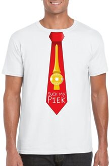 Bellatio Decorations Wit kerst T-shirt voor heren - Suck my Piek rode stropdas print 2XL