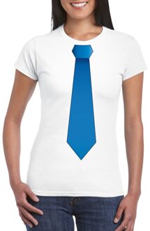 Bellatio Decorations Wit t-shirt met blauwe stropdas dames L