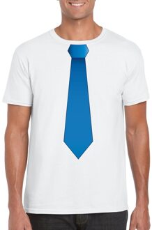 Bellatio Decorations Wit t-shirt met blauwe stropdas heren