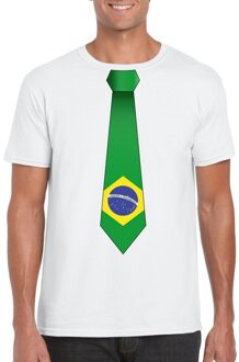 Bellatio Decorations Wit t-shirt met Brazilie vlag stropdas heren M