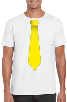 Bellatio Decorations Wit t-shirt met gele stropdas heren