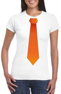 Bellatio Decorations Wit t-shirt met oranje stropdas dames
