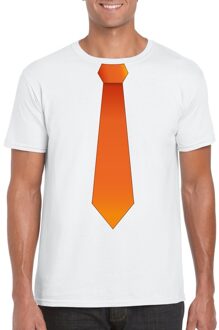 Bellatio Decorations Wit t-shirt met oranje stropdas heren