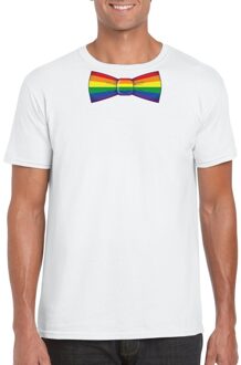 Bellatio Decorations Wit t-shirt met regenboog vlag strikje heren 2XL