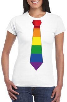 Bellatio Decorations Wit t-shirt met regenboog vlag stropdas dames XS