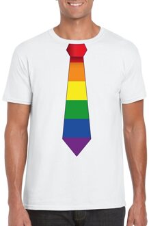 Bellatio Decorations Wit t-shirt met regenboog vlag stropdas heren 2XL