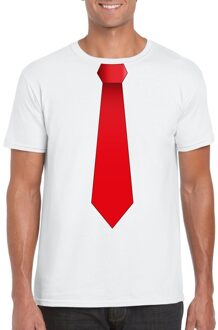 Bellatio Decorations Wit t-shirt met rode stropdas heren