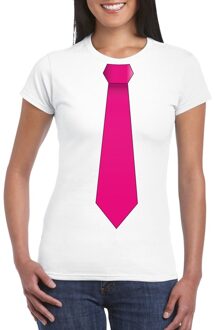 Bellatio Decorations Wit t-shirt met roze stropdas dames L