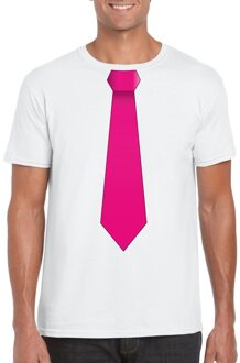 Bellatio Decorations Wit t-shirt met roze stropdas heren