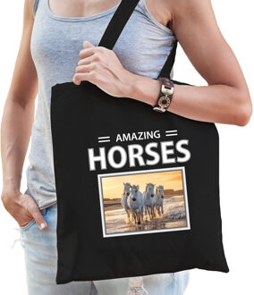 Bellatio Decorations Witte paarden tasje zwart volwassenen en kinderen - amazing horses kado boodschappen tas