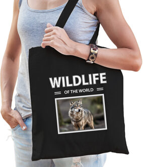 Bellatio Decorations Wolf tasje zwart volwassenen en kinderen - wildlife of the world kado boodschappen tas