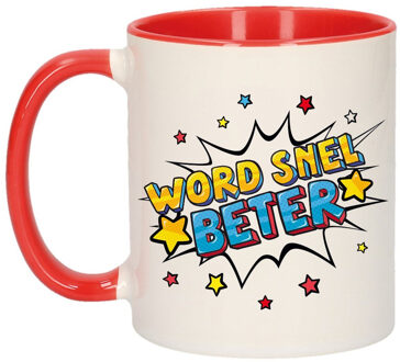 Bellatio Decorations Word snel beter cadeau mok / beker wit en rood 300 ml