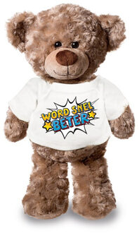 Bellatio Decorations Word snel beter pluche teddybeer knuffel 24 cm met wit t-shirt - Knuffelberen Multikleur