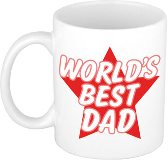 Bellatio Decorations Worlds best dad cadeau mok / beker wit met rode ster - Vaderdag / verjaardag papa - feest mokken Multikleur