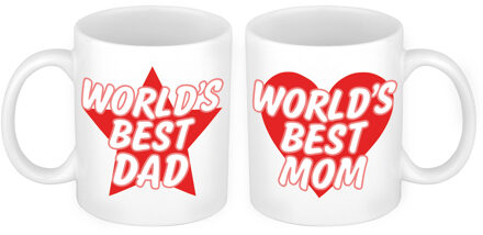 Bellatio Decorations Worlds Best Mom en Dad mok rood - Vaderdag en moederdag cadeau - feest mokken Wit