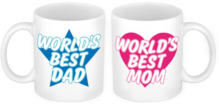 Bellatio Decorations Worlds Best Mom en World Best Dad mok - Vaderdag en moederdag cadeau - feest mokken Wit