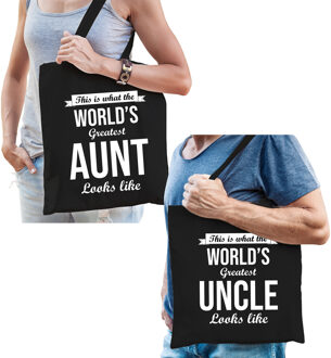 Bellatio Decorations Worlds greatest Aunt en Uncle tasje zwart - Cadeau tassen set voor Oom en Tante