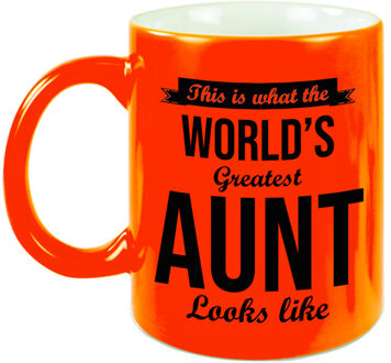 Bellatio Decorations Worlds Greatest Aunt / tante cadeau mok / beker neon oranje 330 ml - feest mokken