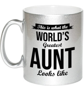 Bellatio Decorations Worlds Greatest Aunt / tante cadeau mok / beker zilverglanzend 330 ml - feest mokken Zilverkleurig