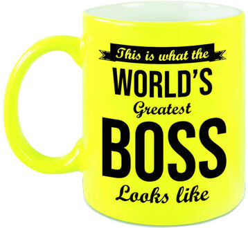 Bellatio Decorations Worlds Greatest Boss cadeau mok / beker neon geel 330 ml - feest mokken