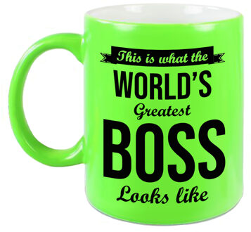 Bellatio Decorations Worlds Greatest Boss cadeau mok / beker neon groen 330 ml - feest mokken