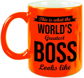 Bellatio Decorations Worlds Greatest Boss cadeau mok / beker neon oranje 330 ml - feest mokken