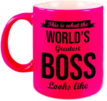 Bellatio Decorations Worlds Greatest Boss cadeau mok / beker neon roze 330 ml - feest mokken