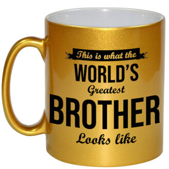 Bellatio Decorations Worlds Greatest Brother cadeau mok / beker goudglanzend 330 ml - feest mokken Goudkleurig