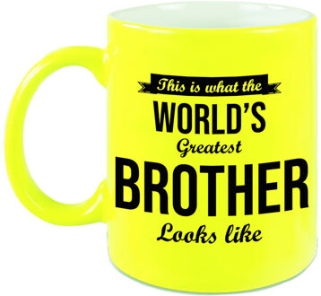 Bellatio Decorations Worlds Greatest Brother cadeau mok / beker neon geel 330 ml - feest mokken