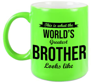 Bellatio Decorations Worlds Greatest Brother cadeau mok / beker neon groen 330 ml - feest mokken