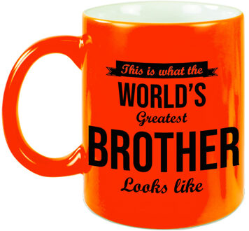 Bellatio Decorations Worlds Greatest Brother cadeau mok / beker neon oranje 330 ml - feest mokken