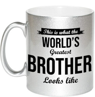 Bellatio Decorations Worlds Greatest Brother cadeau mok / beker zilverglanzend 330 ml - feest mokken Zilverkleurig