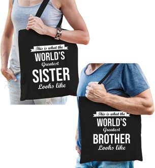 Bellatio Decorations Worlds greatest Brother en Sister tasje zwart - Cadeau Broer en Zus