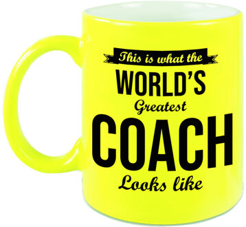 Bellatio Decorations Worlds Greatest Coach cadeau koffiemok/theebeker neon geel 330 ml - feest mokken