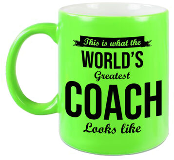 Bellatio Decorations Worlds Greatest Coach cadeau koffiemok/theebeker neon groen 330 ml - feest mokken