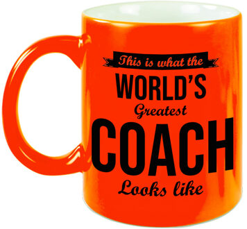 Bellatio Decorations Worlds Greatest Coach cadeau koffiemok/theebeker neon oranje 330 ml - feest mokken