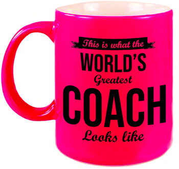 Bellatio Decorations Worlds Greatest Coach cadeau koffiemok/theebeker neon roze 330 ml - feest mokken